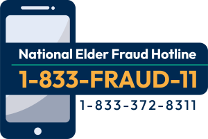 Cell phone. Text on the imager reads "National Elder Fraud Hotline: 1-833-FRAUD-11 (833-372-8311)"